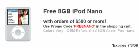 Free 8GB iPod Nano w/ orders over $500